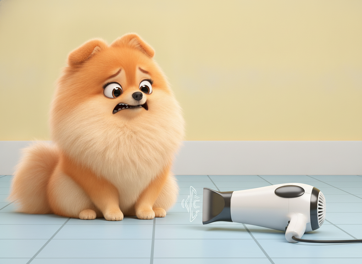 Puff meets the blow-dryer. Puff has decided it is a monster.
