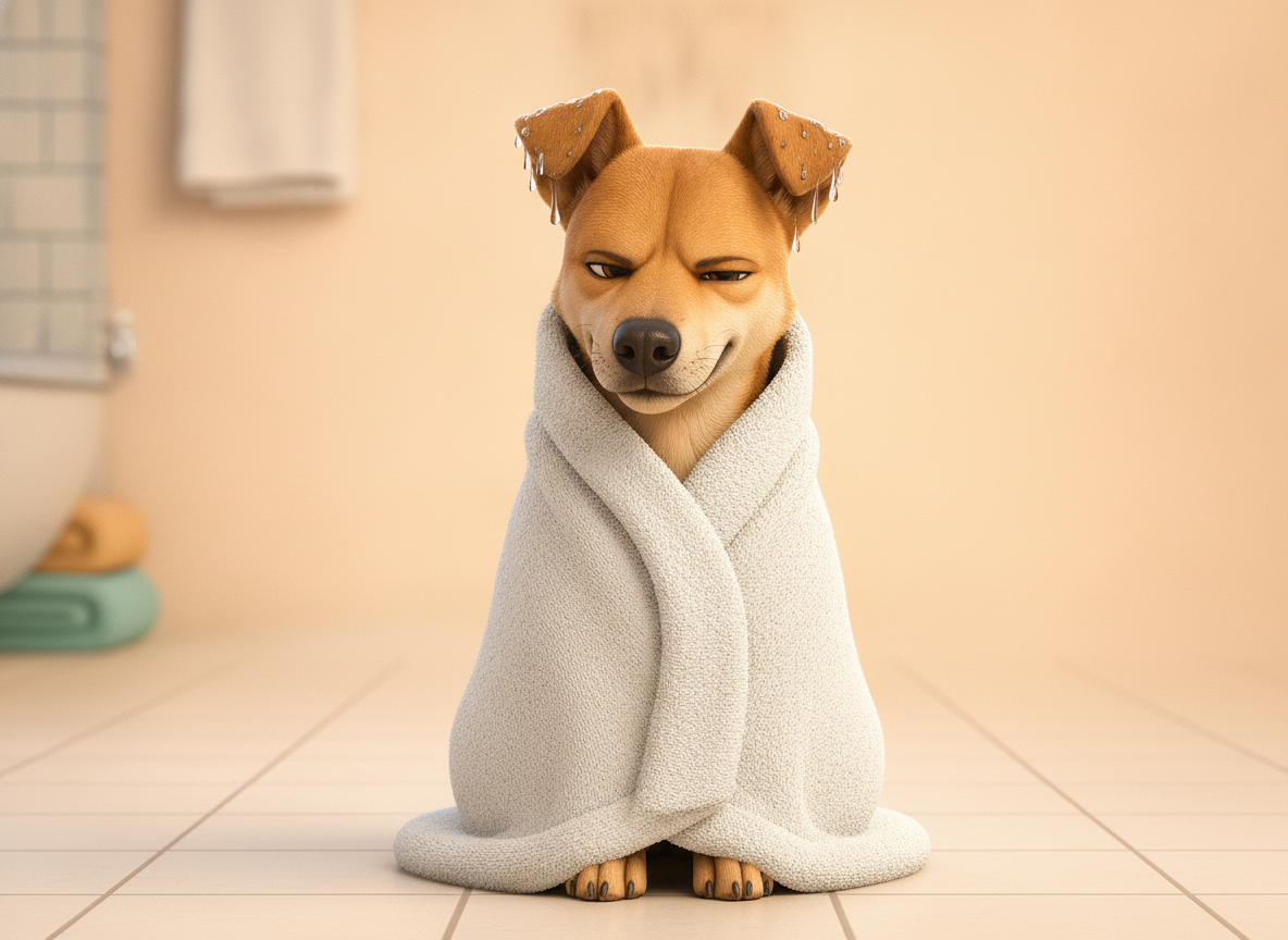 Freshly bathed. Suspiciously calm.