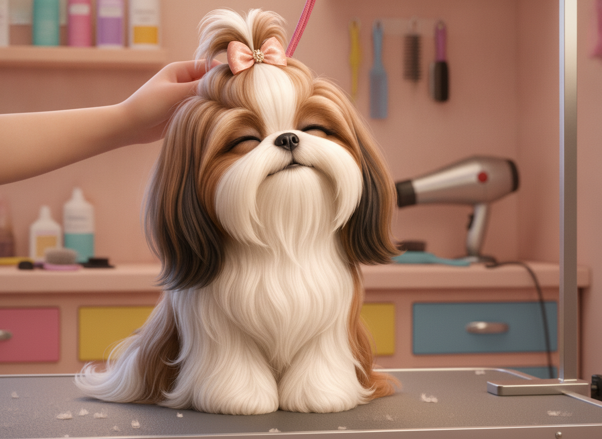 Forty minutes later: blow-dry complete. Topknot perfect. Coco has already forgotten everything.