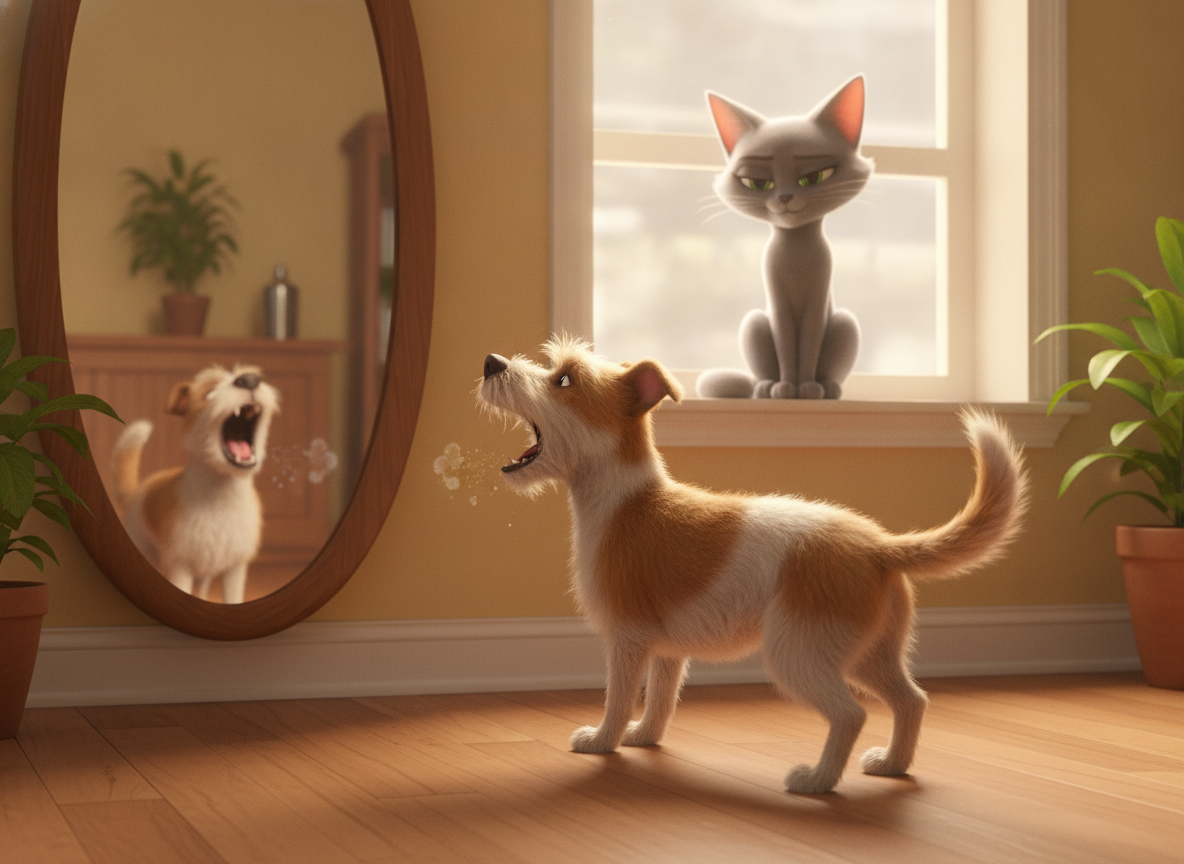 He barks. At himself. For four solid minutes. Mia watches from the windowsill. She sighs.