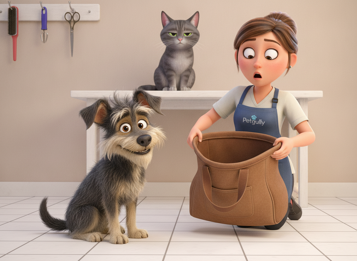 The groomer turns around. The bag is empty. Mia watches from the shelf. She slow-blinks.