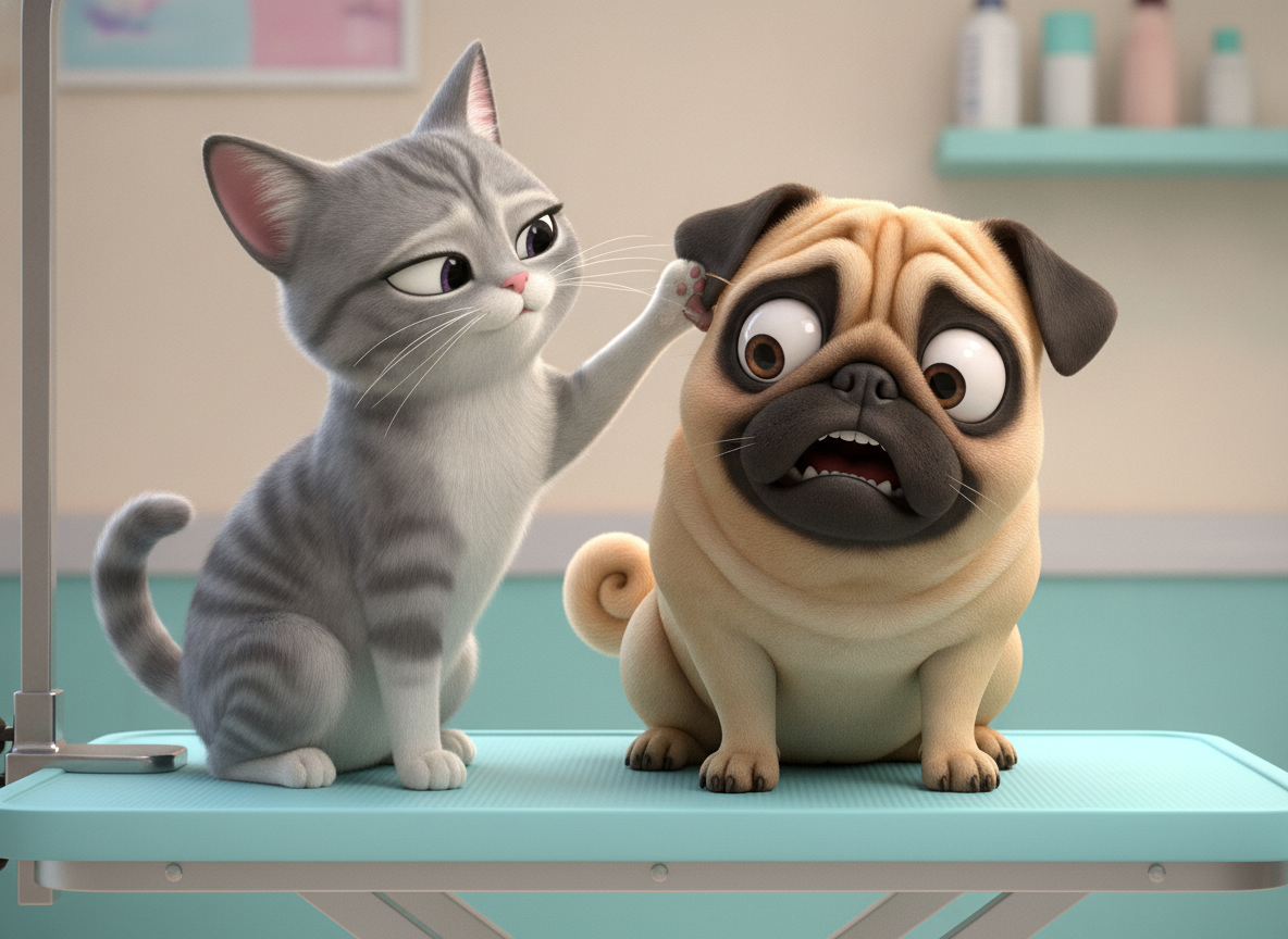 Mia bats Laddu's ear once. His eyes snap open. He sees the grooming table. He wheezes AGAIN.