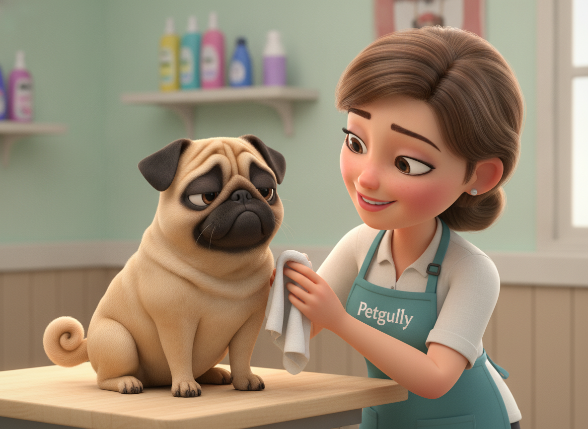 Groomer announces today's mission: clean every wrinkle fold on Laddu's face. All of them.
