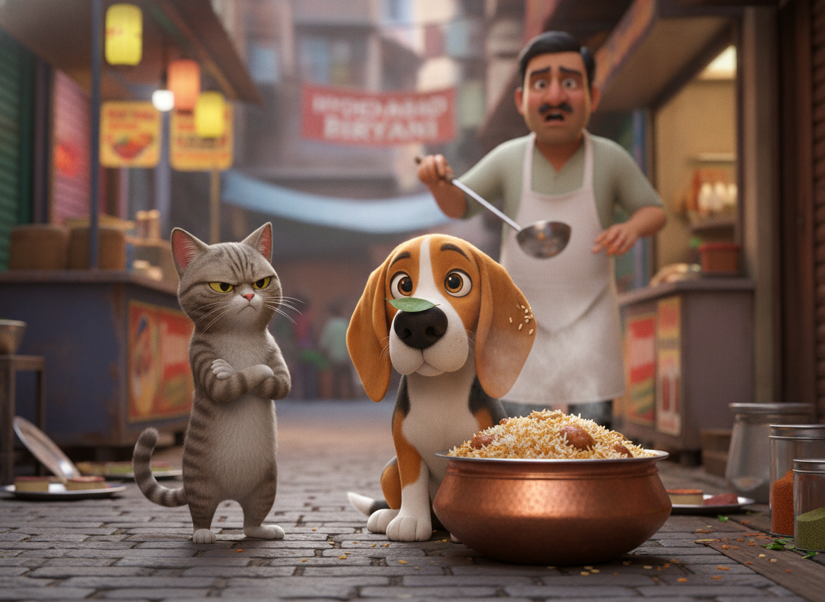 Mia finds him. He has biryani on his ear, a bay leaf stuck to his nose, and zero regrets.
